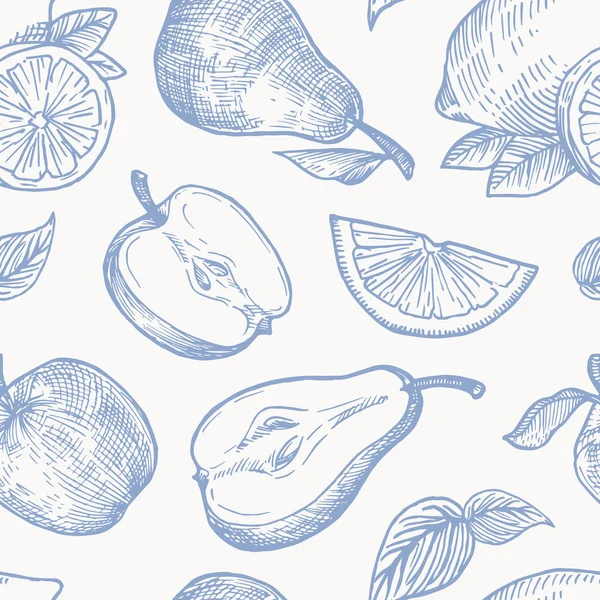 Ręcznie rysowane jesienne owoce Wektor zbiorów Płynny wzór tła. Pomarańcze, cytryna, jabłka i gruszki Szkice karty lub szablon okładki — Wektor stockowy