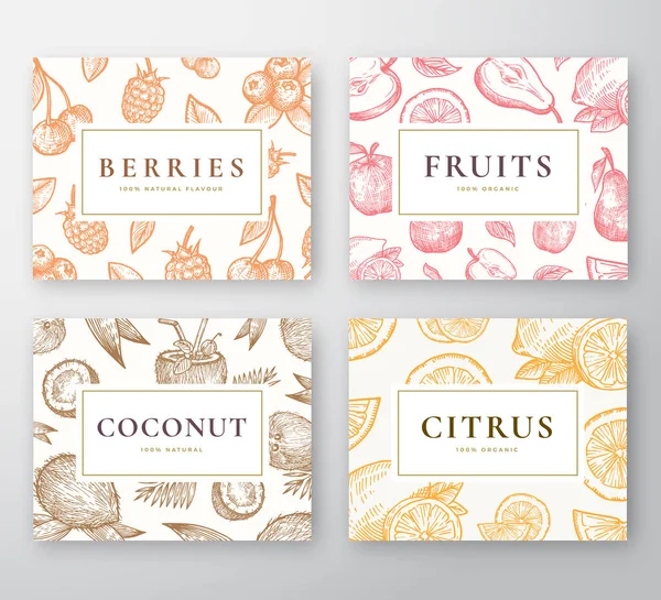 Hand Drawn Coconut, Citrus, Berries і фрукти Cards Set. Abstract Vector Sketch Backgrounds Collection with Classy Retro Typography Кокосові горіхи, вишня, лимон, яблука та олівці. — стоковий вектор