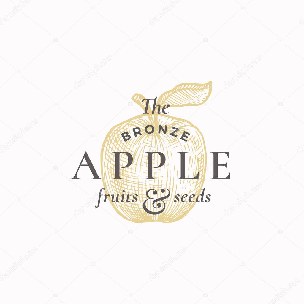 The Bronze Apple Abstract Vector Sign, Symbol or Logo Template. Apple with Leaf Sillhouette Sketch with Elegant Retro Typography. Vintage Luxury Emblem.