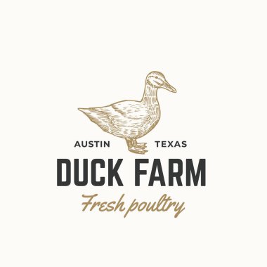 Duck Farm Fresh Poultry Abstract Vector Sign, Symbol or Logo Template. Hand Drawn Engraving Duck Sillhouette Sketch with Retro Typography. Vintage Emblem.
