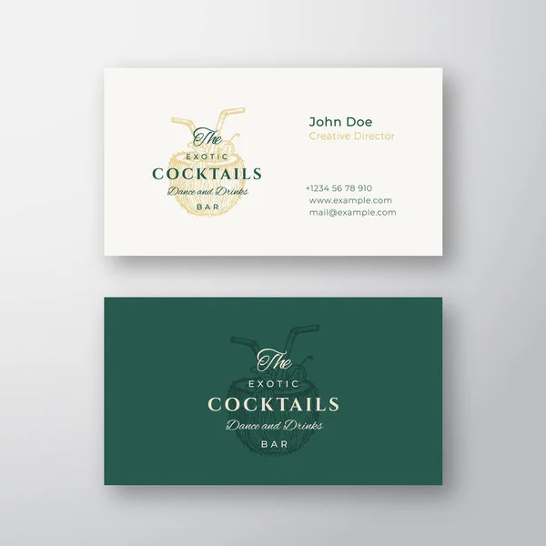 Coconut Exotic Cocktails Bar Abstract Elegant Vector Sign or Logo and Business Card Template. Premium Stationary Realistic Mock Up. Modern Typography and Soft Shadows. — Stok Vektör