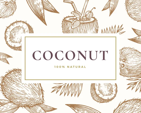 Ручна намальована кокосова ілюстрація. Анотація Векторні мальовані кокоси та ескізи пальмового листя Фон з класичною ретро типографією . — стоковий вектор
