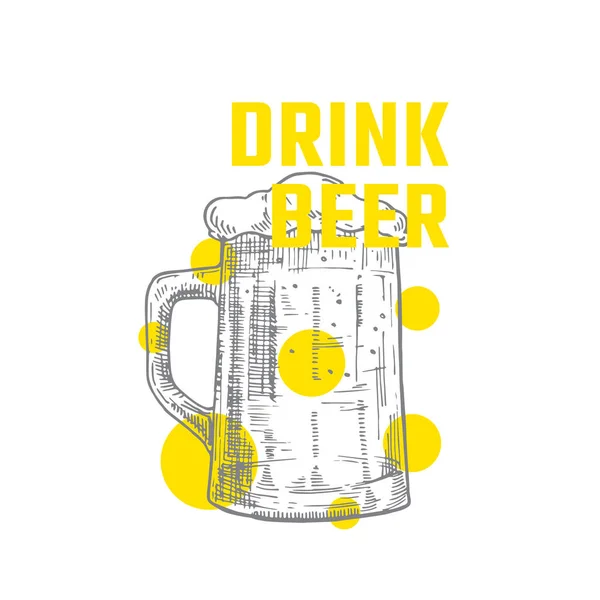Boire de la bière Signe vectoriel abstrait, symbole ou modèle de bannière. Tasse à bière rétro dessinée à la main avec typographie moderne colorée. Emblème ou étiquette de bière . — Image vectorielle