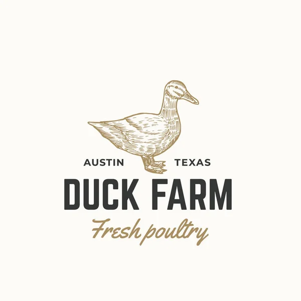 Duck Farm Fresh Poultry Abstract Vector Sign, Symbol or Logo Template. Hand Drawn Engraving Duck Sillhouette Sketch with Retro Typography. Vintage Emblem. — Wektor stockowy