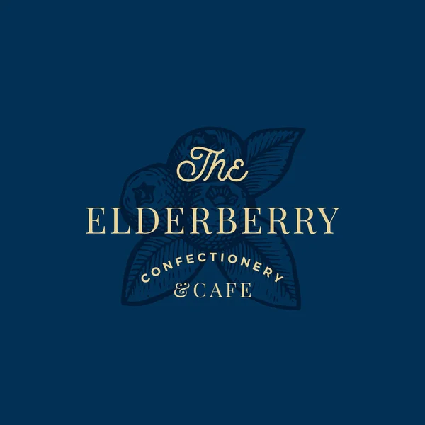 The Elderberry Confactionary and Cafe Abstract Vector Sign, Symbol or Logo Template. Three Berries with Leafs Sketch Sillhouette with Elegant Retro Typography. Vintage Luxury Emblem. — Stok Vektör