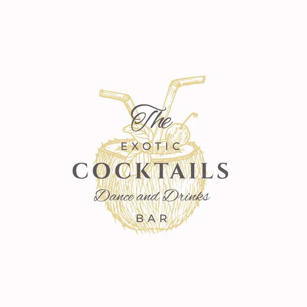 The Exotic Cocktails Abstract Vector Sign, Symbol or Logo Template. Mitad de coco dibujado a mano con boceto de tuberías de bebida y tipografía retro. Elegante emblema de lujo vintage . — Vector de stock