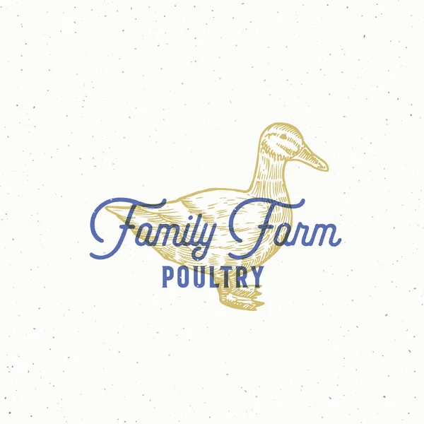 Family Farm Poultry Abstract Vector Sign, Symbol or Logo Template. Hand Drawn Duck Sillhouette Sketch with Retro Typography and Shabby Textures. Vintage Emblem. — Stockvektor