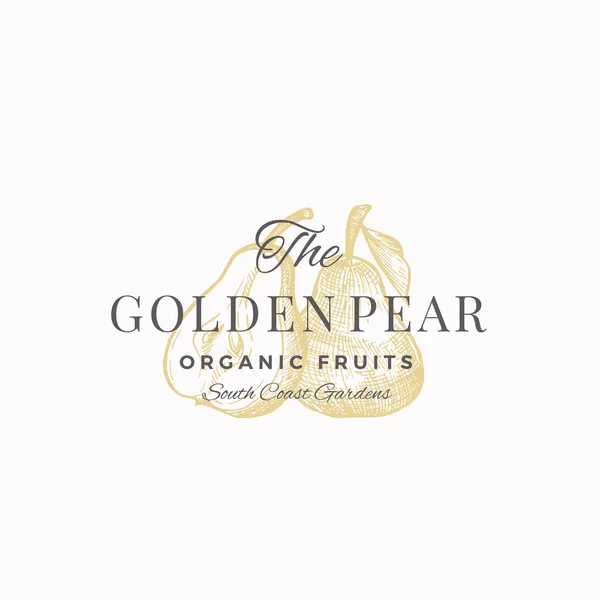 The Golden Pear Abstract Vector Sign, Symbol or Logo Template. Pear with Leaf and Half of Pear Sillhouettes Sketch with Elegant Retro Typography. Vintage Luxury Emblem. — Stockvektor