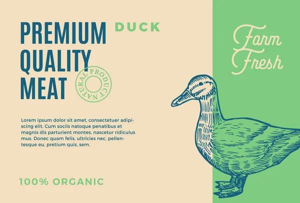 Premium Kualitas Duck Meat. Desain Paket Daging Vektor Abstrak atau Label. Tipografi Modern dan Gambar Tangan Bebek Siluet Sketch Latar Belakang - Stok Vektor