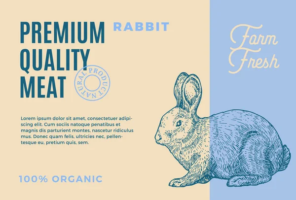 プレミアム品質のウサギ。概要ベクトル肉パッケージデザインまたはラベル。現代のタイポグラフィと手描きうさぎスケッチシルエット背景レイアウト — ストックベクタ