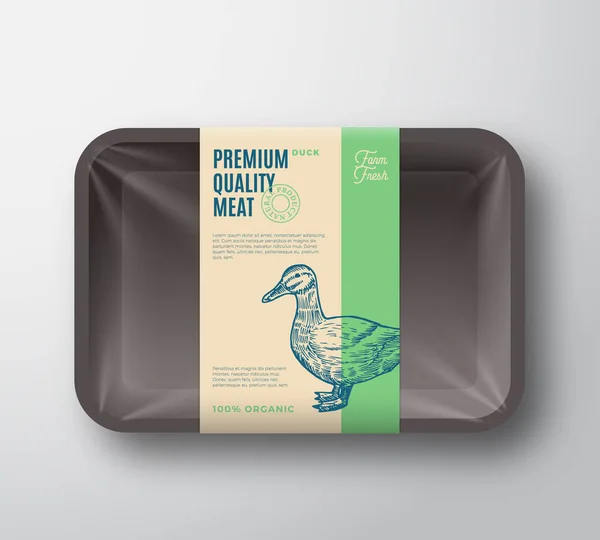 Pacchetto anatra di qualità premium. Contenitore astratto del vassoio di plastica del pollame del vettore con la copertura del cellophane. Packaging Design Label. Tipografia moderna e disegno a mano Duck Silhouette Sfondo Layout . — Vettoriale Stock