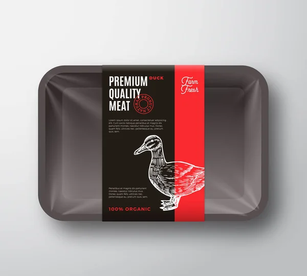 Premium Quality Duck Meat Package and Label Stripe. Vektorový zásobník na jídlo z plastu s celofánovým krytem. Rozvržení návrhu obalu. Moderní typografie a ručně kreslené kachna silueta pozadí. — Stockový vektor