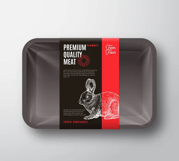Premium Quality Rabbit Pack. Abstraktní plastový zásobník na maso s celofánovým krytem. Štítek návrhu obalu. Moderní typografie a ručně kreslený králík silueta pozadí rozložení. — Stockový vektor
