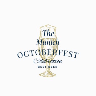 Münih Ekim Festivali En İyi Bira Soyut Vektör İşareti, Sembol veya Logo Şablonu Kutlaması. Klasik tipografi ile El Çizimi Retro Glass. Klasik Bira Amblemi veya Etiketi.