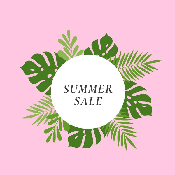 Monstera Palm Tropical Leaves Zomer Sale Card. Abstract Groen Loof met Ronde Banner en Klassieke Typografie. Roze pastel kleuren reclame lay-out. — Stockvector