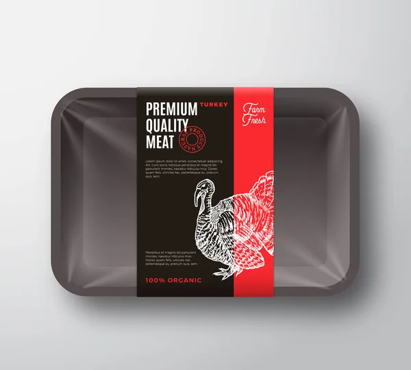 Premium Quality Turkey Meat Package and Label Stripe. Vektorový zásobník na jídlo z plastu s celofánovým krytem. Rozvržení návrhu obalu. Typografie a ručně kreslené Turecko Silueta pozadí. — Stockový vektor