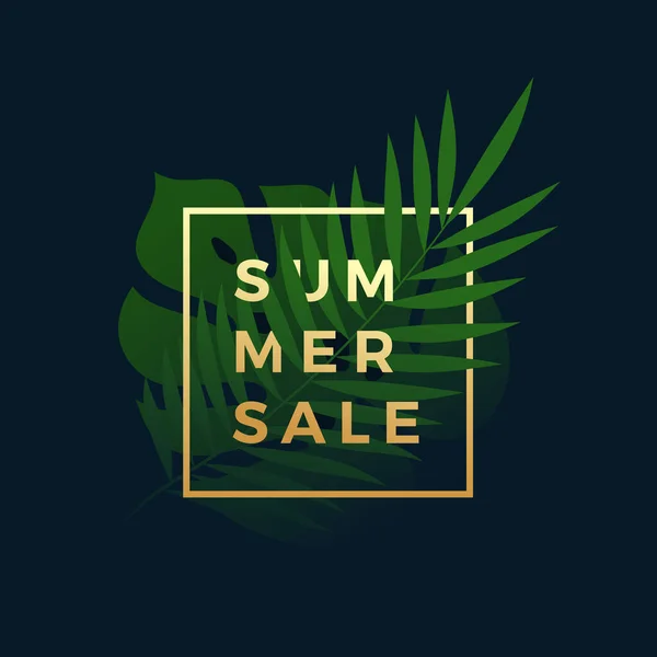 Zomer Sale Tropische Banner. Fern en Monstera Palm Leaves In een gouden kader met moderne typografie. Abstract Vector Special Offer Sign, Symbool of Elegant Card Design. — Stockvector