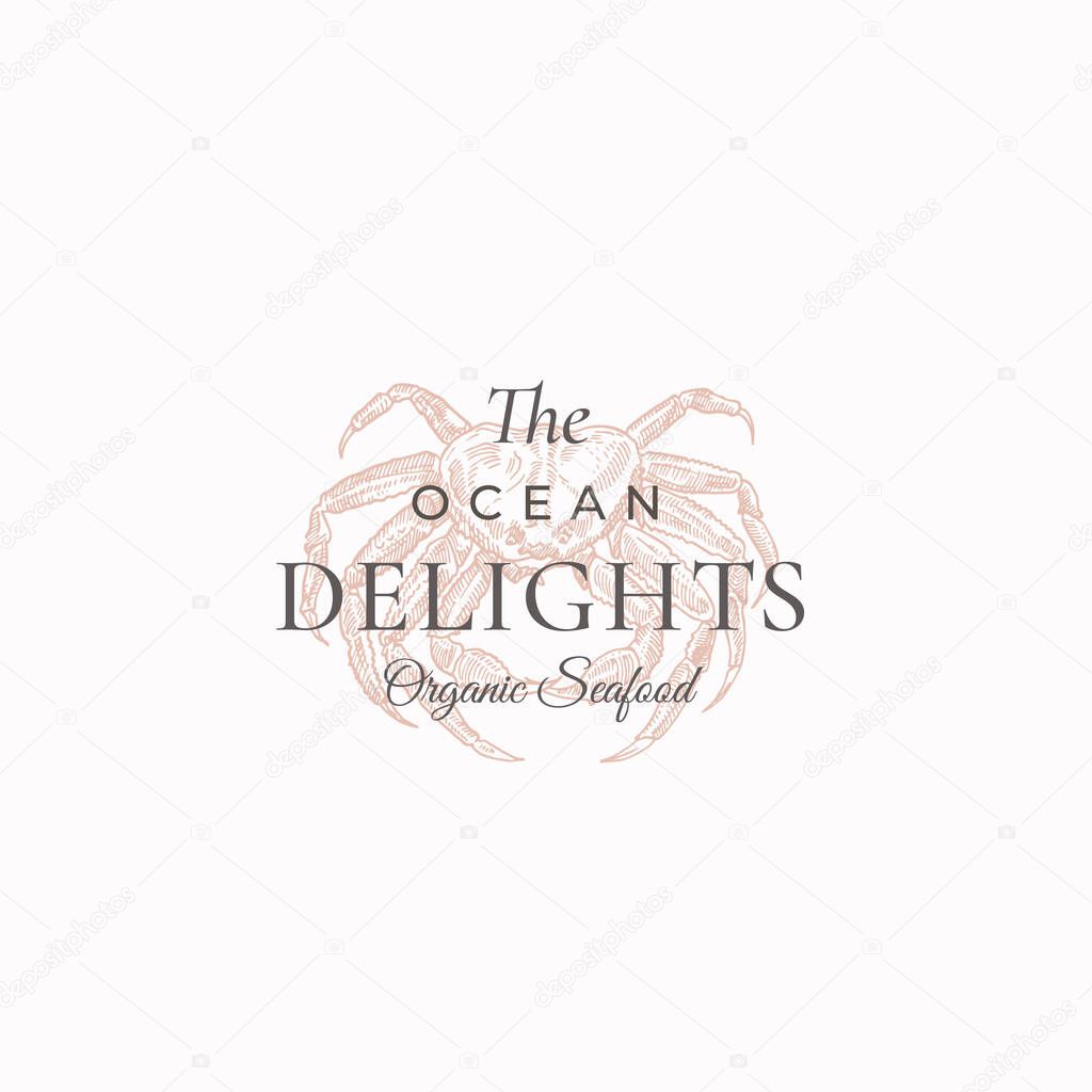 The Ocean Delights Abstract Vector Sign, Symbol or Logo Template. Elegant Hand Drawn Crab Sillhouette Sketch with Classy Retro Typography. Vintage Luxury Emblem. Isolated.