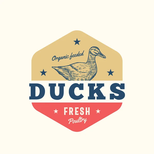 Organic Feeded Ducks Fresh Poultry Abstract Vector Sign, Symbol or Logo Template. Hand Drawn Duck Sillhouette with Retro Typography. Vintage Emblem. — Stockvektor