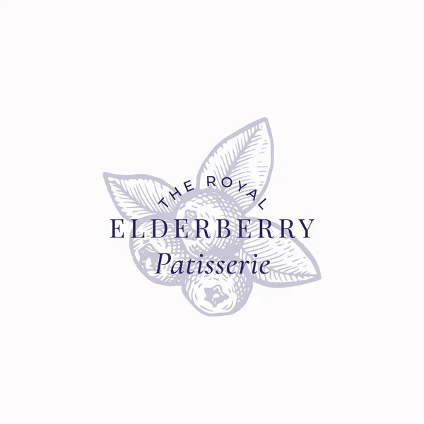 Il Royal Elderberry Patisserie Astratto segno vettoriale, simbolo o logo Template. Tre bacche con foglie Sketch Sillhouette con elegante tipografia retrò. Emblema di lusso vintage . — Vettoriale Stock