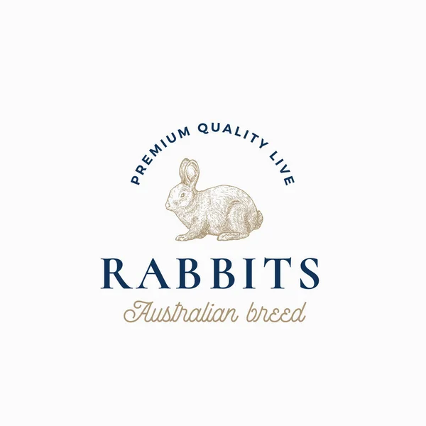 Live Rabbits Australian Breed. Abstract Vector Sign, Symbol or Logo Template. Hand Drawn Engraving Style Rabbit Sillhouette Sketch with Classy Retro Typography. Vintage Emblem. — Stockvektor