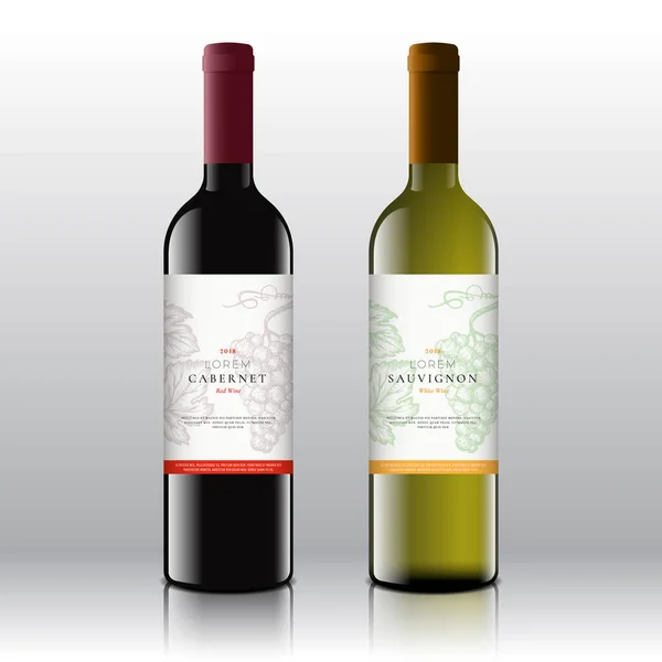 Premium Quality Etichette di vino rosso e bianco Set sulle bottiglie vettoriali realistiche. Design pulito e moderno con grappolo d'uva disegnato a mano, foglia e retrò tipografia . — Vettoriale Stock