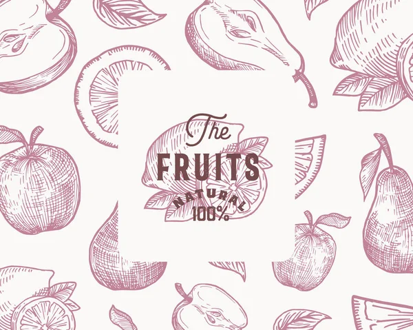 Handgetekende sinaasappels, citroen, appel en peren Vector achtergrond patroon. Abstract Vruchten Sketch Card of Cover Template met stijlvolle Retro Typografie en Embleem. — Stockvector