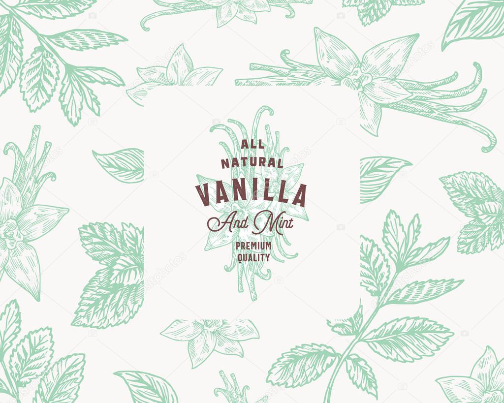 Hand Drawn Mint and Vanilla Vector Background Pattern. Abstract Spices Sketch Card or Cover Template with Classy Retro Typography and Emblem. Isolated.