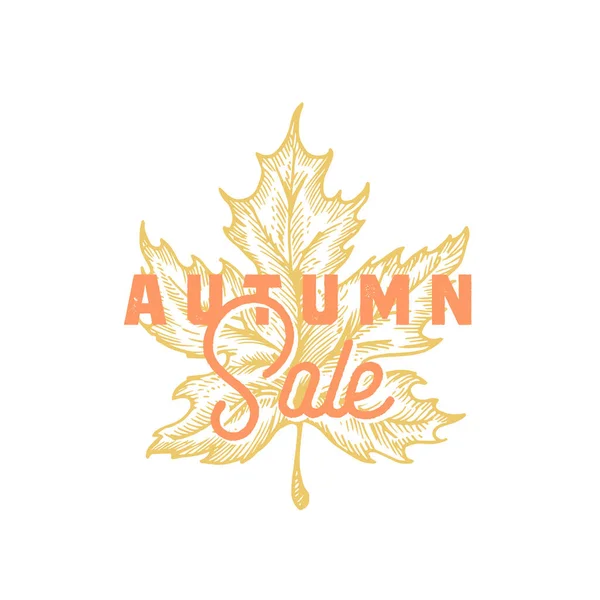 Autumn Sale. Abstract Vector Retro Label, Sign or Card Template. Hand Drawn Maple Leaf Sketch Illustration with Wintage Typography. — Stock Vector