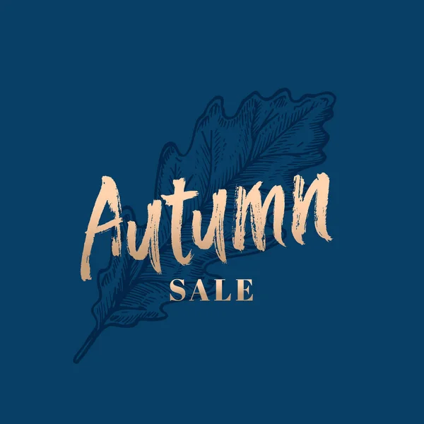 Autumn Sale Abstract Vector Retro Label, Sign or Card Template. Hand Drawn Oak Leaf Sketch Illustration with Brush Like Retro Golden Typography. — Stock Vector