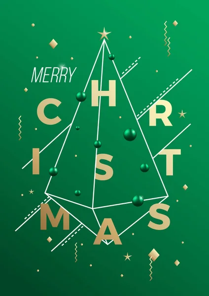 Feliz Natal Abstrato Vetor Minimalista Geometria Cartaz, Cartão ou fundo. Cores verdes e douradas, tipografia moderna, árvore de Natal do triângulo do estilo suíço . — Vetor de Stock