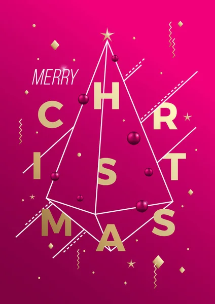 Feliz Natal Abstrato Vetor Minimalista Geometria Cartaz, Cartão ou fundo. Cores rosa e dourada, tipografia moderna, árvore de Natal do triângulo do estilo suíço . — Vetor de Stock