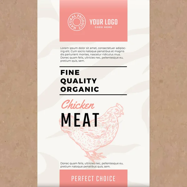 Fine Quality Organic Chicken. Abstract Vector Meat Packaging Design or Label. Modern Typography and Hand Drawn Hen Silhouette. Craft Paper with Meat Texture Background Layout — Stock Vector