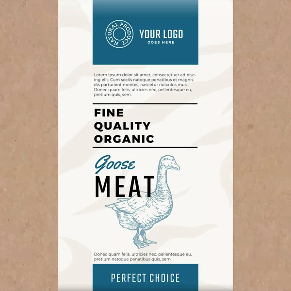 Fin kvalitet ekologisk gås. Abstrakt vektor kött förpackningsdesign eller etikett. Modern typografi och handritad gåssiluett. Hantverk papper med kött textur bakgrund layout — Stock vektor