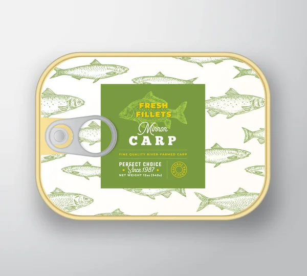 Canned Fish Label Template. Abstract Vector Fish Aluminium Container with Label Cover. Packaging Design. Modern Typography and Hand Drawn Carp Silhouette Background Layout. — Stock Vector