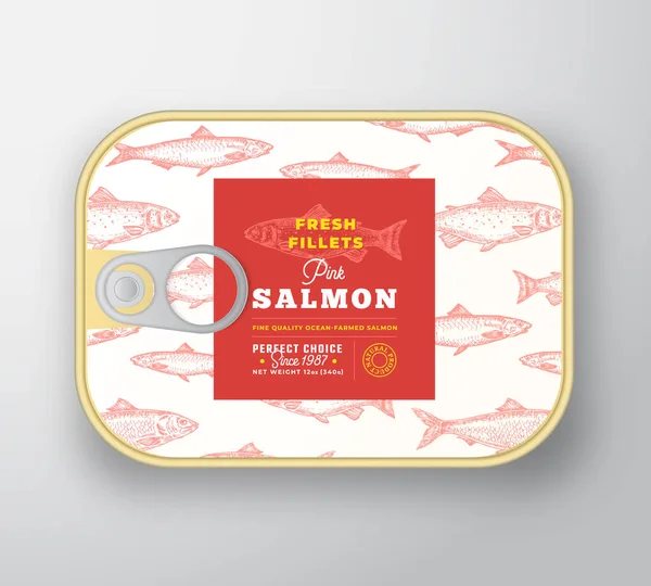 Modello di etichetta per pesce in scatola. Astratto contenitore di alluminio del pesce vettore con coperchio dell'etichetta. Packaging Design. Tipografia moderna e silhouette di salmone disegnata a mano Layout di sfondo . — Vettoriale Stock