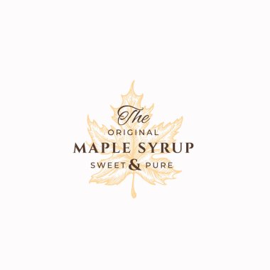 Orijinal Akçaağaç Şurubu Soyut Vektör İşareti, Sembol veya Logo Şablonu. Maple Leaf Sillhouette Sketch ve Zarif Retro Typography. Klasik Lüks Amblem.