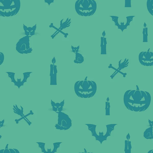 Diversão Halloween Ícones Vector Padrão de fundo sem costura. Gatos, abóboras e morcegos e mãos de zumbi com cartão de osso e vela ou modelo de capa . —  Vetores de Stock