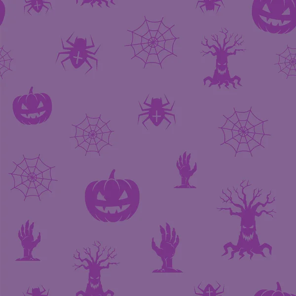 Diversão Halloween Ícones Vector Padrão de fundo sem costura. Aranhas, abóboras e Soopky Trees e Zombie Hands com Web Card ou modelo de capa . —  Vetores de Stock