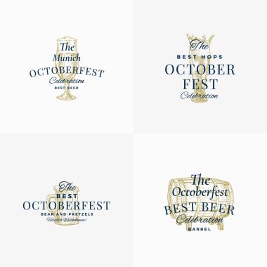 Ekim Festivali Bira Festivali Soyut Vektör İşaretleri, Sembolleri veya Logo Şablonları Ayarlandı. El yapımı Bira Fıçısı, Kupa ve Klasik Tipografi ile Cam Sketch. Klasik Bira Amblemi veya Etiketi.