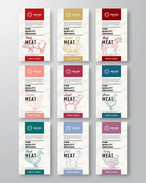 Fine Quality Organic Meat and Poultry Vertical Labels Set. Abstract Vector Packaging Design. Modern Typography and Hand Drawn Pig, Cow and Other Farm Animals Silhouette Background Layouts. — Stock Vector