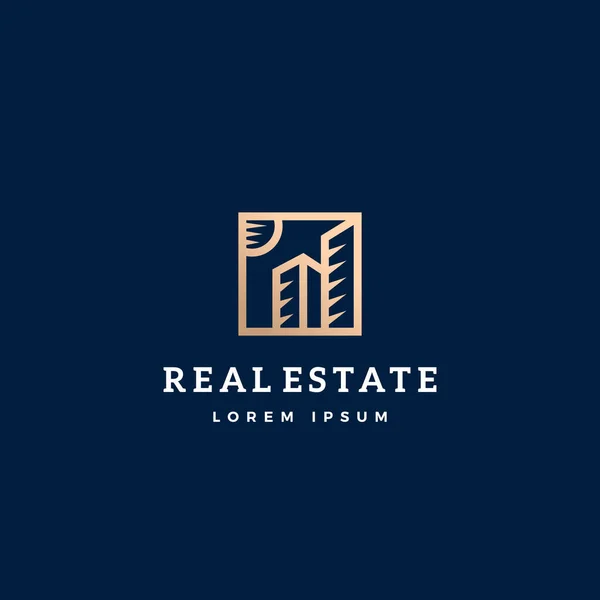 Real Estate Abstract Vector Sign, Symbol or Logo Template (em inglês). Edifícios de arranha-céus em um quadro quadrado com tipografia moderna. Emblema Retro Minimalista . —  Vetores de Stock