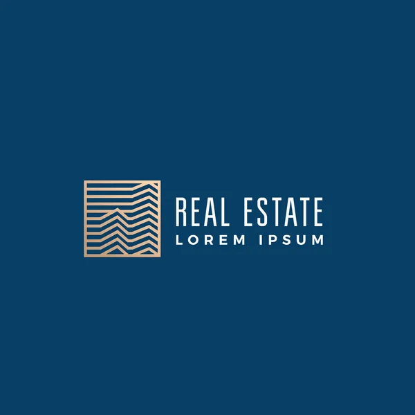 Linear Real Estate Abstract Vector Sign, Symbol or Logo Template. Edifícios de arranha-céus em um quadro quadrado com tipografia moderna. Emblema retrô de geometria . — Vetor de Stock