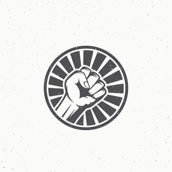 Активістське повстання Fist Symbol. Abstract Vector Label, Emblem або Logo Template. Hand with Rays in a Circle Silhouette with Shabby Textures. — стоковий вектор