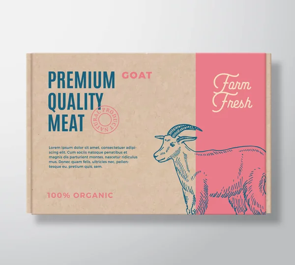 Premium Quality Goat Vector Meat Packaging Label Design on a Craft Cardboard Box Container. Modern Typography and Hand Drawn Goat Silhouette Background Layout — Stock Vector