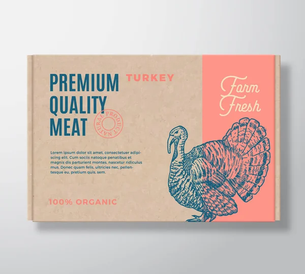 Premium Quality Turkey Vector Meat Packaging Label Design on a Craft Cardboard Box Container. Modern Typography and Hand Drawn Turkey Silhouette Background Layout — Stock Vector