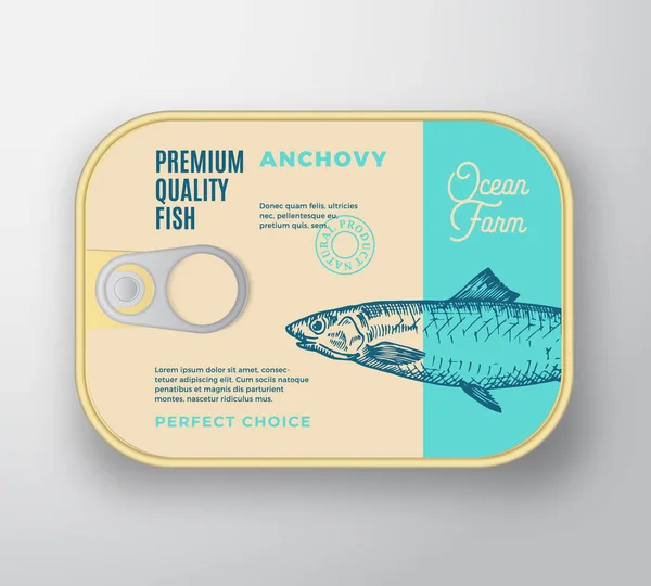 Etiket Kapaklı Soyut Vektör Balık Alüminyum Kutusu. Retro Premium Konserve Paket Tasarımı. Modern Typography and Hand Drawn Anchovy Siluet Arka plan Düzeni. — Stok Vektör