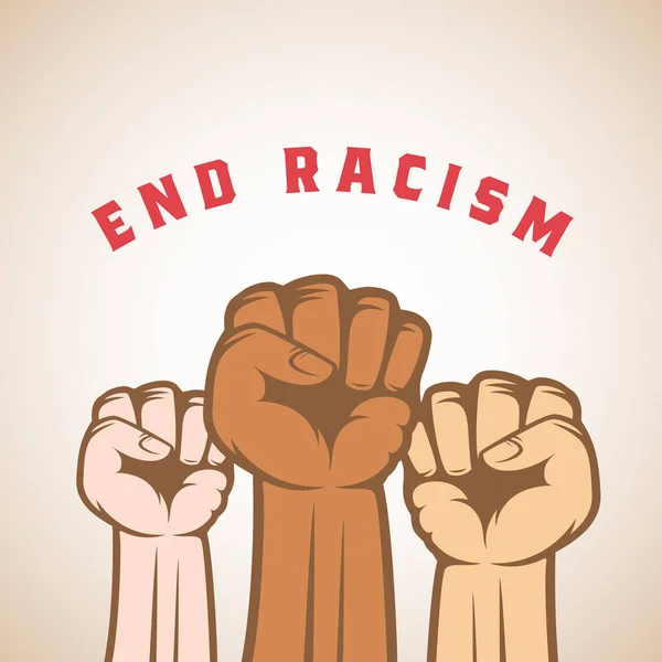 Différentes couleurs de peau poings activistes et fin du racisme Slogan. Vecteur abstrait Anti Raciste, Grève ou autre Étiquette de protestation, emblème ou modèle de carte . — Image vectorielle