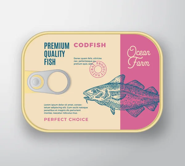 Abstrakter Vector Fisch Aluminiumbehälter mit Etikettendeckel. Retro Premium Dosenverpackungen Design. Moderne Typografie und handgezeichneter Kabeljau Silhouette Hintergrundlayout. — Stockvektor