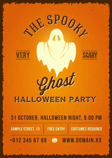De Spooky Glowing Ghost Abstract Vector Vintage Poster, Card of Flyer. Halloween Phantom Silhouet op Oranje Achtergrond met Shabby Textures en Retro Typografie met Frame — Stockvector